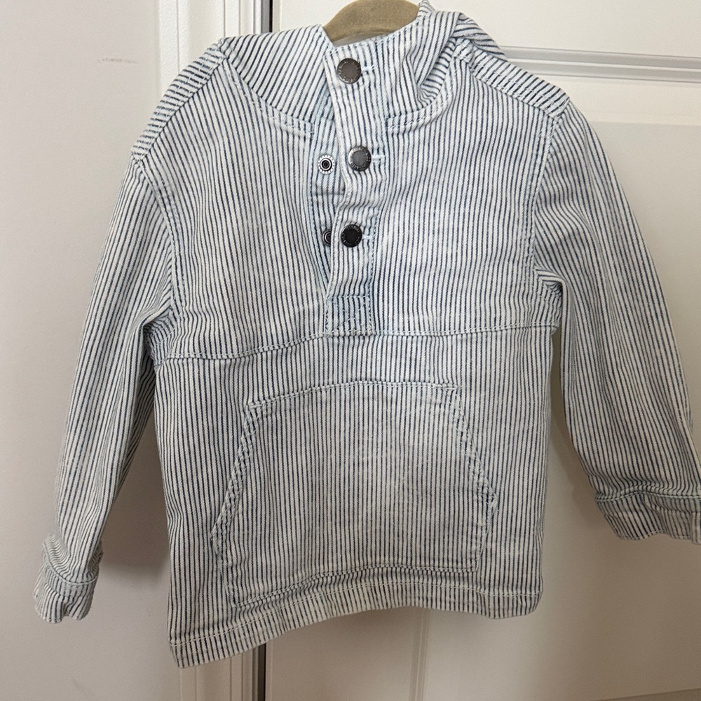 Striped Pullover Hooded Jacket with Button Placket